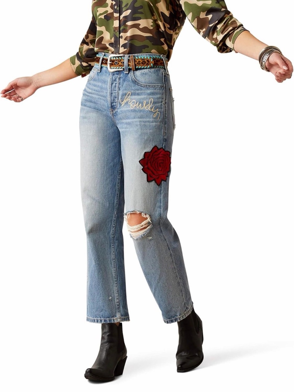Ariat Blue Denim Boyfriend Jeans with Red Rose Patch - Picture 3 of 3